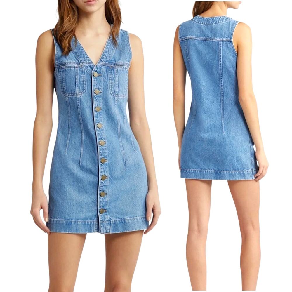 FRAME Women's Sleeveless Trucker Pocket Denim Mini Dress, Delaware Blue, X-Small